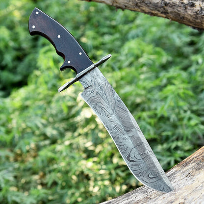 Custom Handmade 13" American-Made Damascus Steel Bowie Knife with Rosewood Handle and Leather Sheath