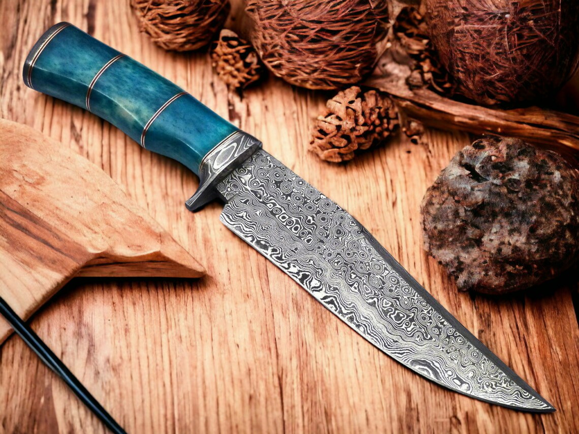 Custom Handmade 13" Damascus Steel Confederate Civil War Bowie Knife with Camel Bone Handle and Leather Sheath