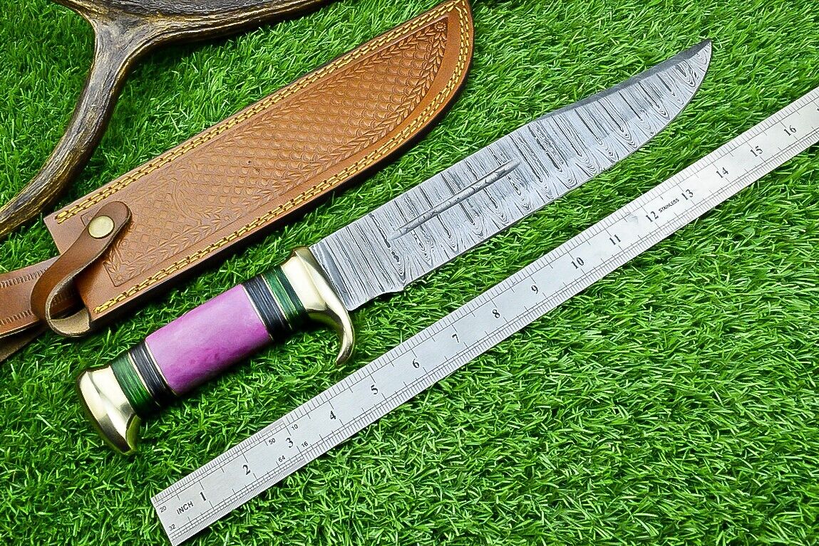 Damascus Steel "The Bowie Knife" - 16" Blade, Brass Guard, Resin Pakkawood Handle, with Leather Sheath