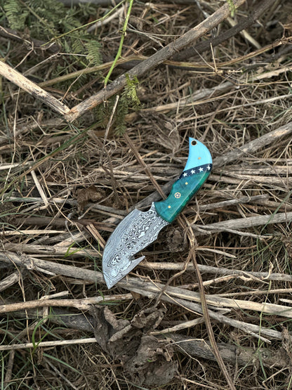 Elite Custom Handmade Damascus Steel Guthook Skinning Knife with Resin Handle - 7.5” Premium Blade with Leather Sheath
