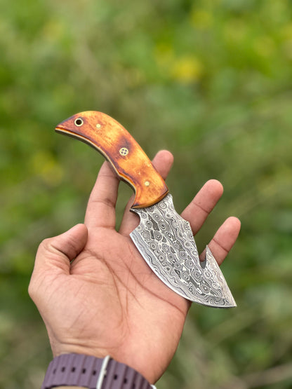 Custom Handmade Damascus Steel Guthook Skinning Knife with Camel Bone Handle - 7.5” Blade with Leather Sheath