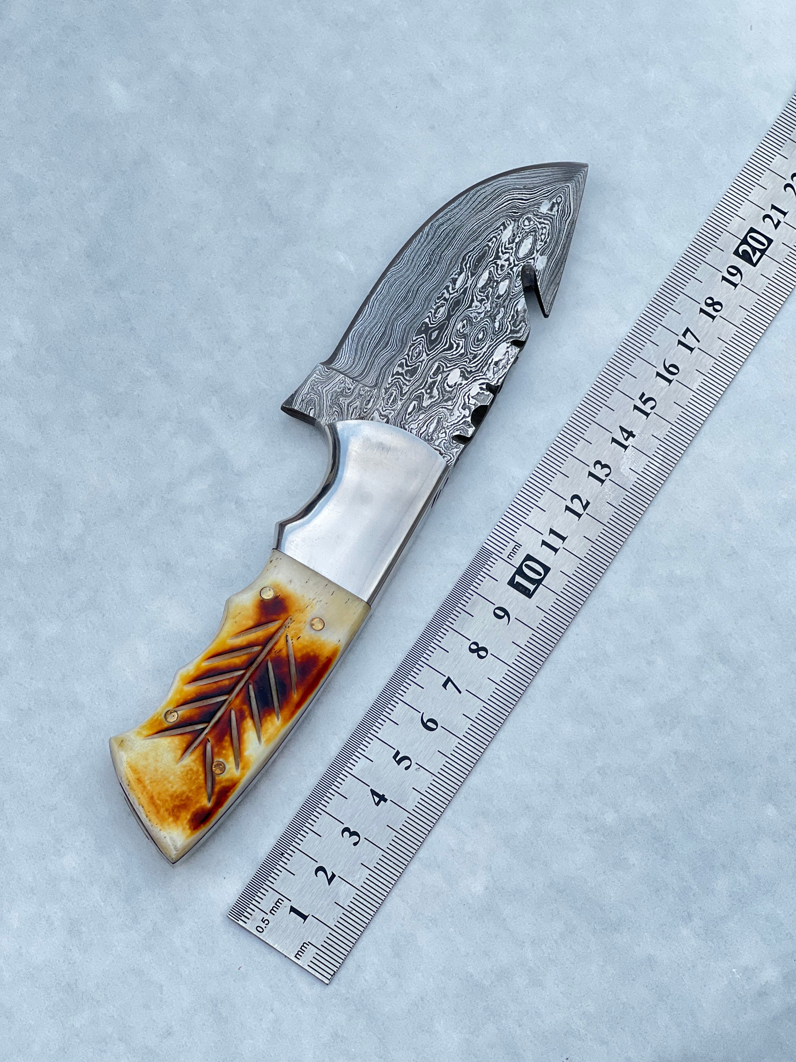 Damascus Steel Fixed Blade Knife with Camel Bone & Rosewood Handle - 7.5" Custom Pocket Knife with Leather Sheath