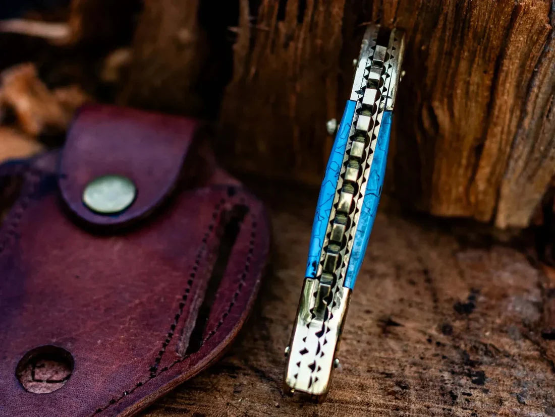 Custom Handmade Fish Style Damascus Steel Folding Knife with Epoxy Resin Handle & Brass Accents - Includes Leather Sheath