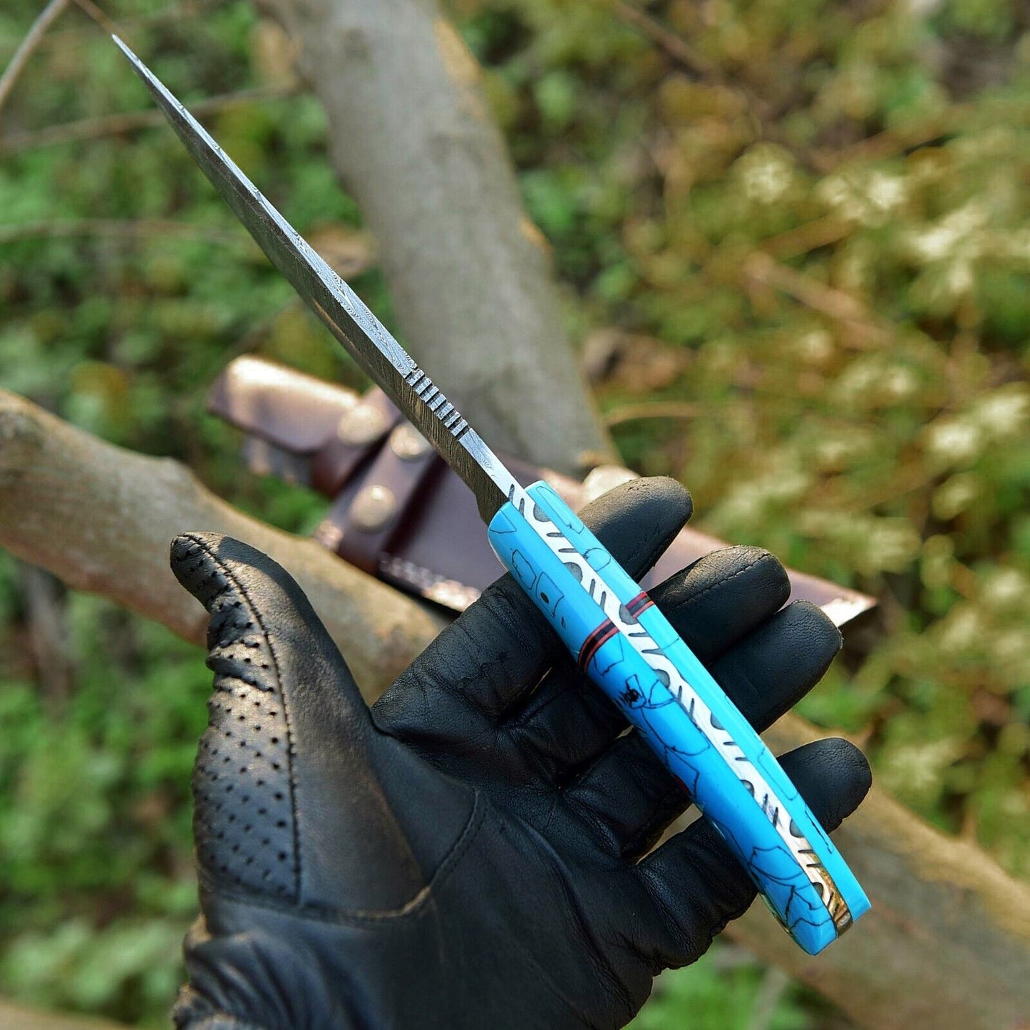 Custom Handmade Damascus Steel Hunting Knife – 10-Inch Blade with Resin Handle, Includes Leather Sheath