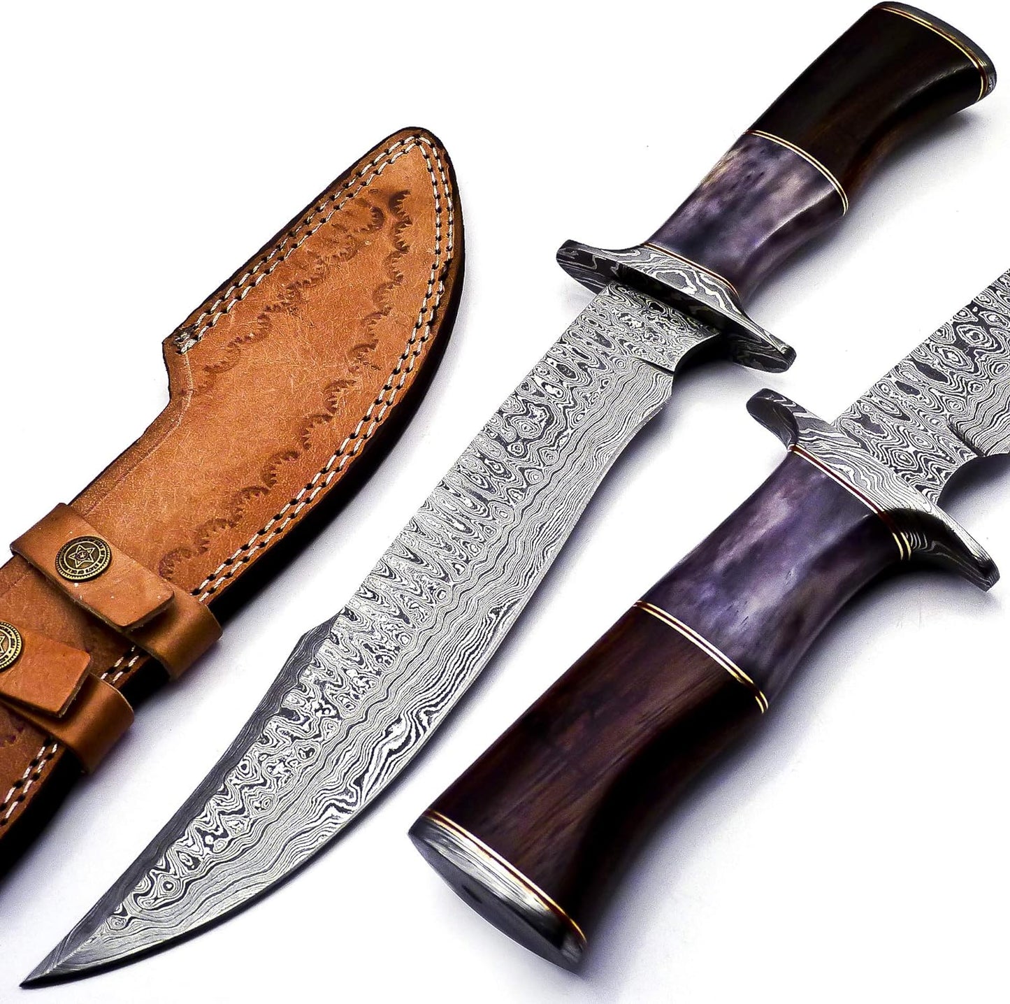 Damascus Steel Western Brand Knives - 15" Knife with Color Bone & Buffalo Horn Handle, Leather Sheath Included
