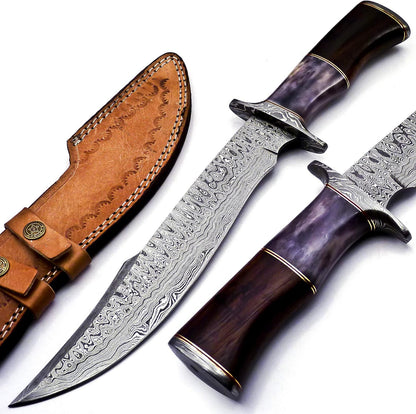 Damascus Steel Western Brand Knives - 15" Knife with Color Bone & Buffalo Horn Handle, Leather Sheath Included
