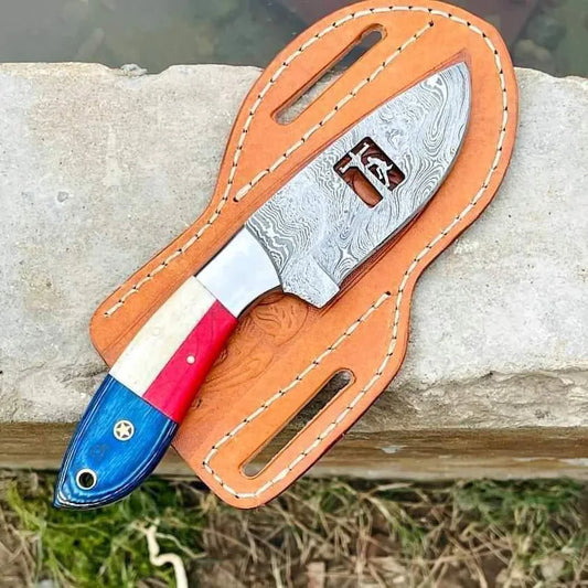 Patriotic Custom Handmade Cowboy Knife with USA Flag Handle – 8" Damascus Blade & Leather Sheath