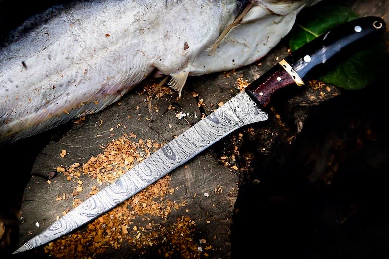Handmade Damascus Fillet Knife 13” – Buffalo Horn, Rosewood & Brass Handle with Leather Sheath