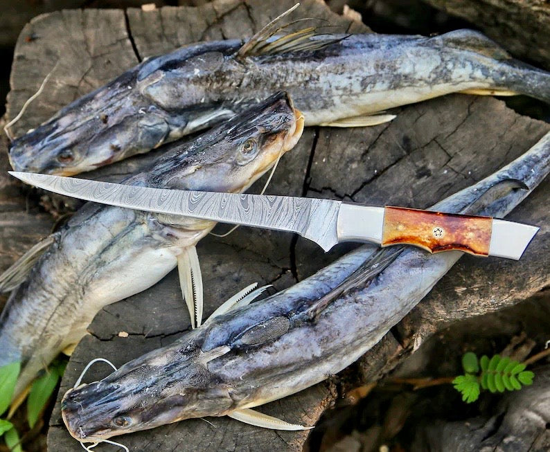 Custom Handmade Damascus Filleting Knife – 13" Camel Bone Handle with Leather Sheath