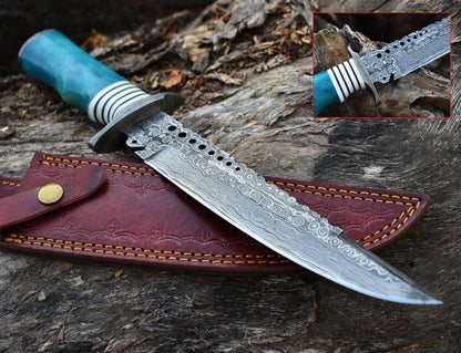 Custom Handmade 13" Damascus Steel Civil War Bowie Knife with Camel Bone Handle and Leather Sheath