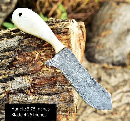 Gareth Bull Shamwari Inspired 8" Handmade Damascus Knife – Camel Bone Handle & Leather Sheath