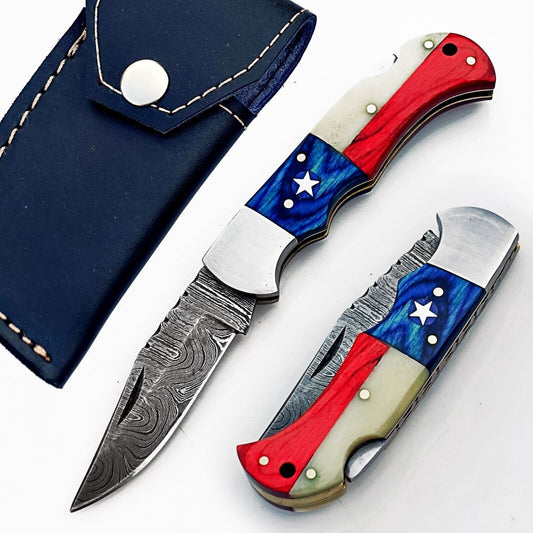 Lone Star 3-Inch Damascus Pocket Knife – Custom Handmade with Bone & Pakka Wood Handle