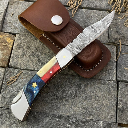 Damascus Steel Pocket Knife with Texas Flag Handle – 3" Blade, Leather Sheath
