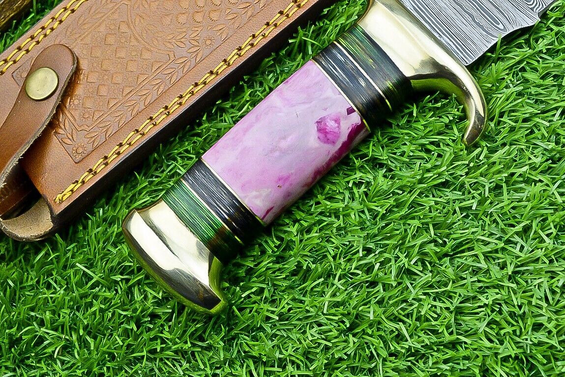 Damascus Steel "The Bowie" Knife - 16" with Brass Guard and Resin Pakkawood Handle, Leather Sheath Included