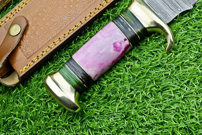 Damascus Steel "The Bowie" Knife - 16" with Brass Guard and Resin Pakkawood Handle, Leather Sheath Included