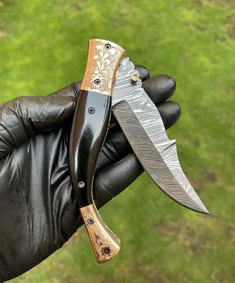 Custom Handmade Damascus Blade EDC Folding Pocket Knife with Color Bone Handle & Brass Engraved Bolster - Includes Leather Sheath
