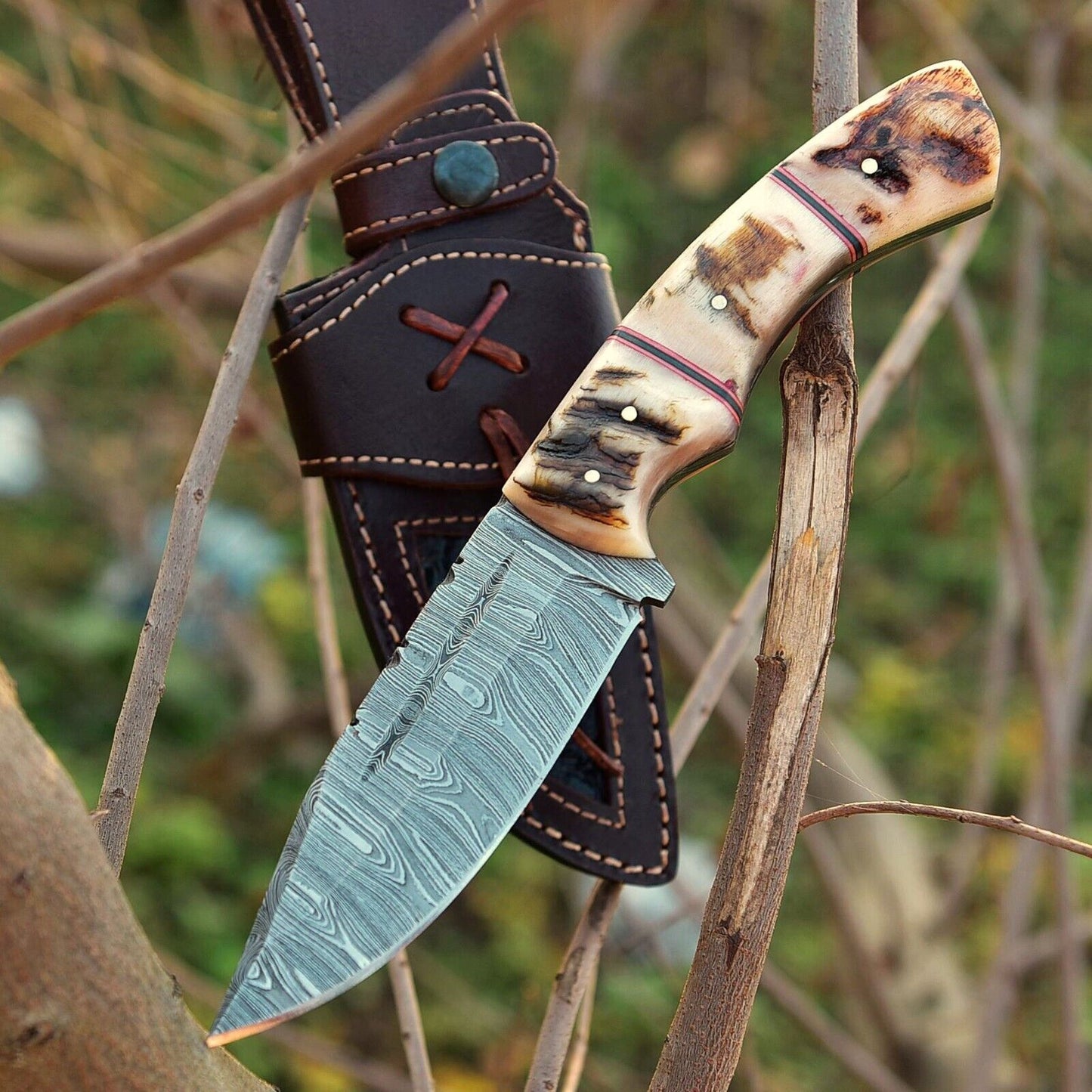 Custom Handmade Damascus Skinning Knife with Sheep Horn Handle – 4.5" Blade