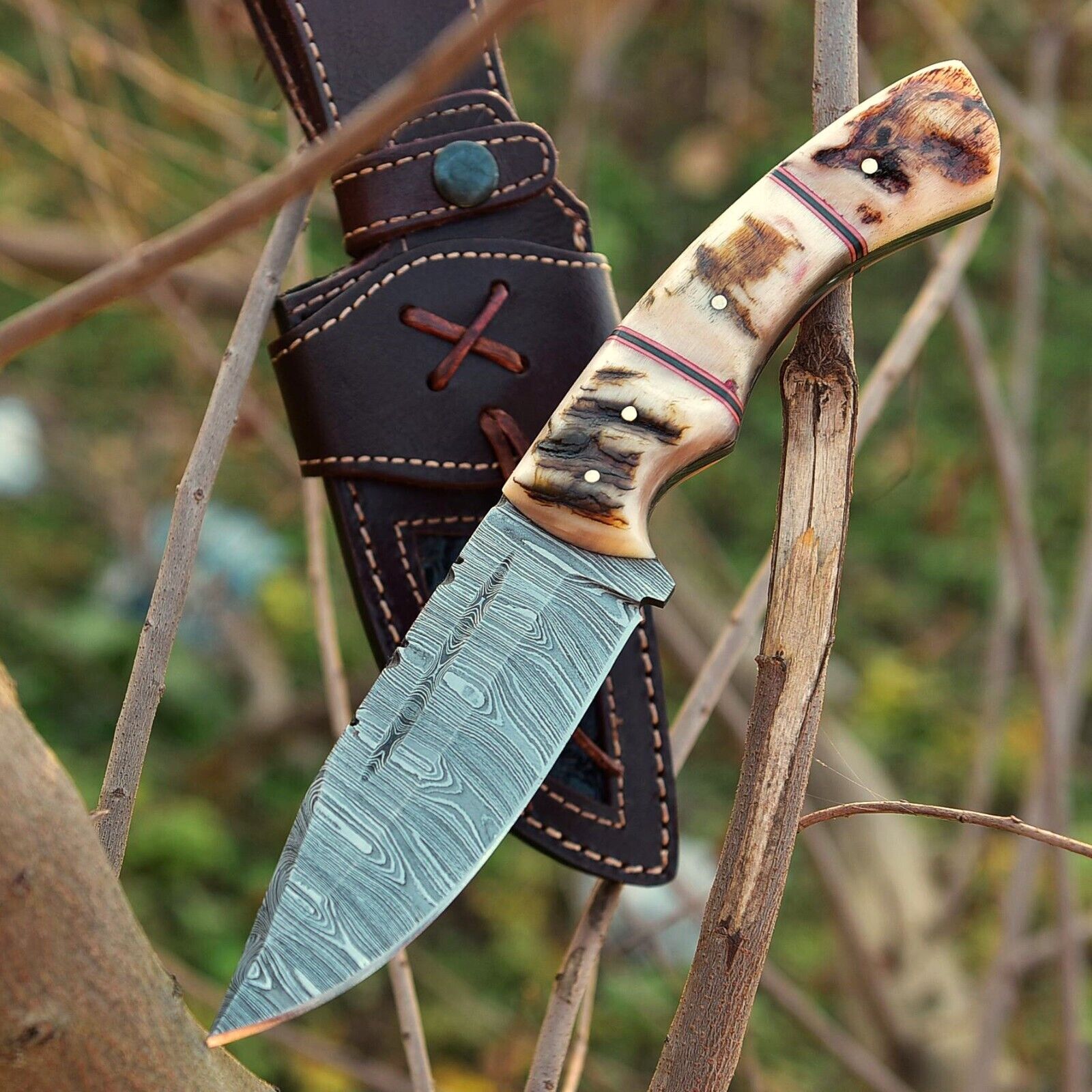 Custom Handmade Damascus Skinning Knife with Sheep Horn Handle – 4.5" Blade