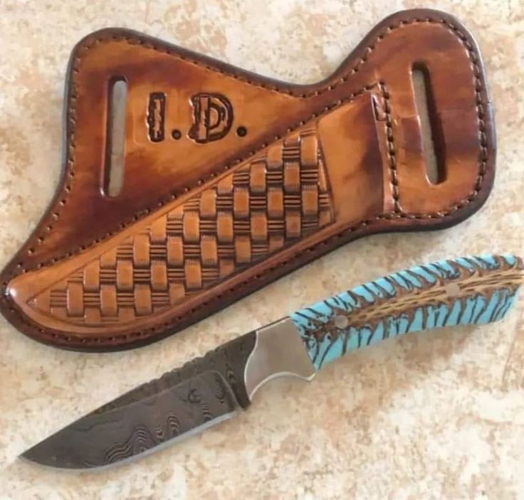 Custom Handmade Damascus Steel Belt Knife – Pine Cone Resin Handle & Leather Sheath for Fall Adventures