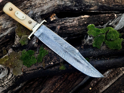 Damascus Steel Cowboy Bowie Knife – 13" with Brass Guard and Camel Bone Handle, Leather Sheath Included