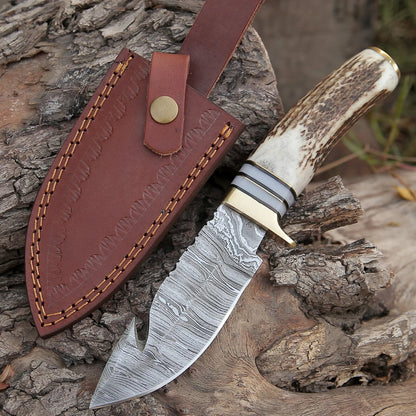 Custom Handmade Damascus Steel Guthook Skinning Knife – 9" Stag Horn Handle with Brass Guard & Leather Sheath