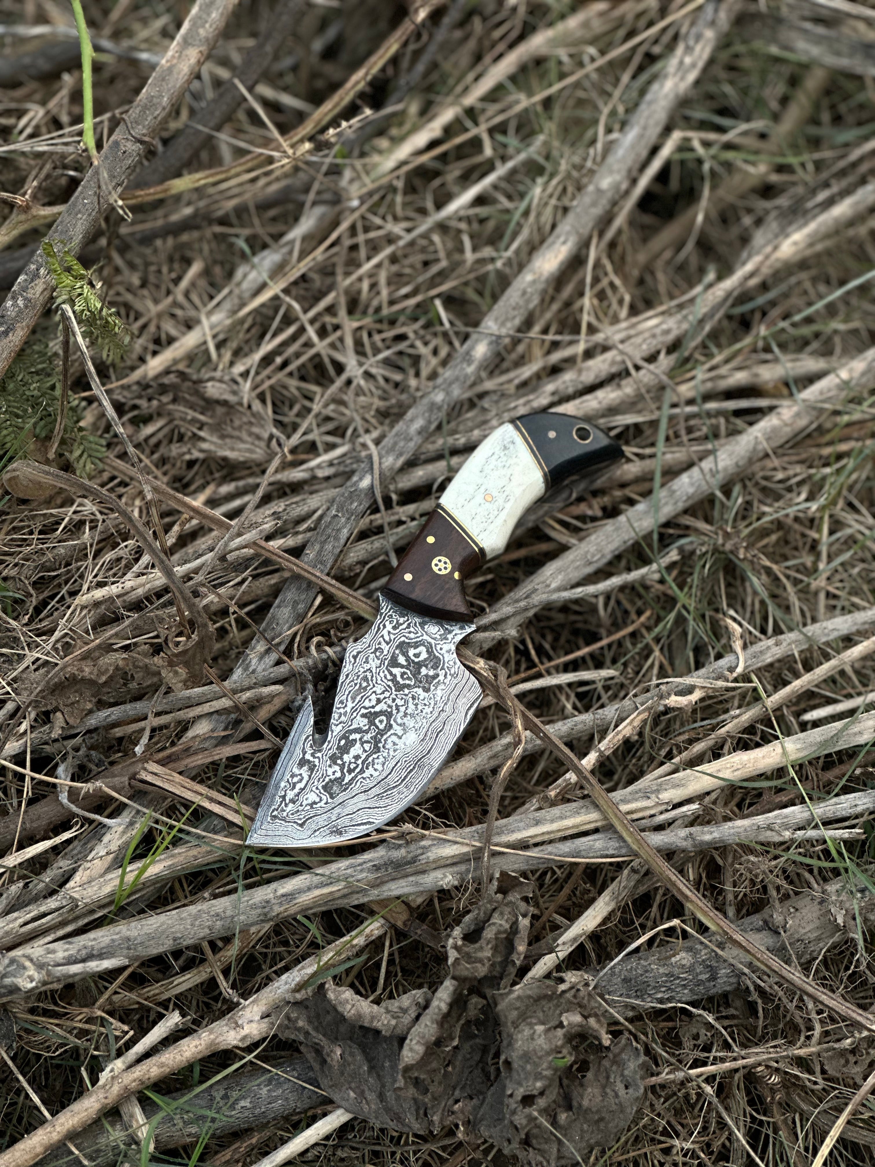 Custom Handmade Damascus Steel Guthook Skinning Knife with Rosewood, Camel Bone & Black Sheet Handle - 7.5” with Leather Sheath