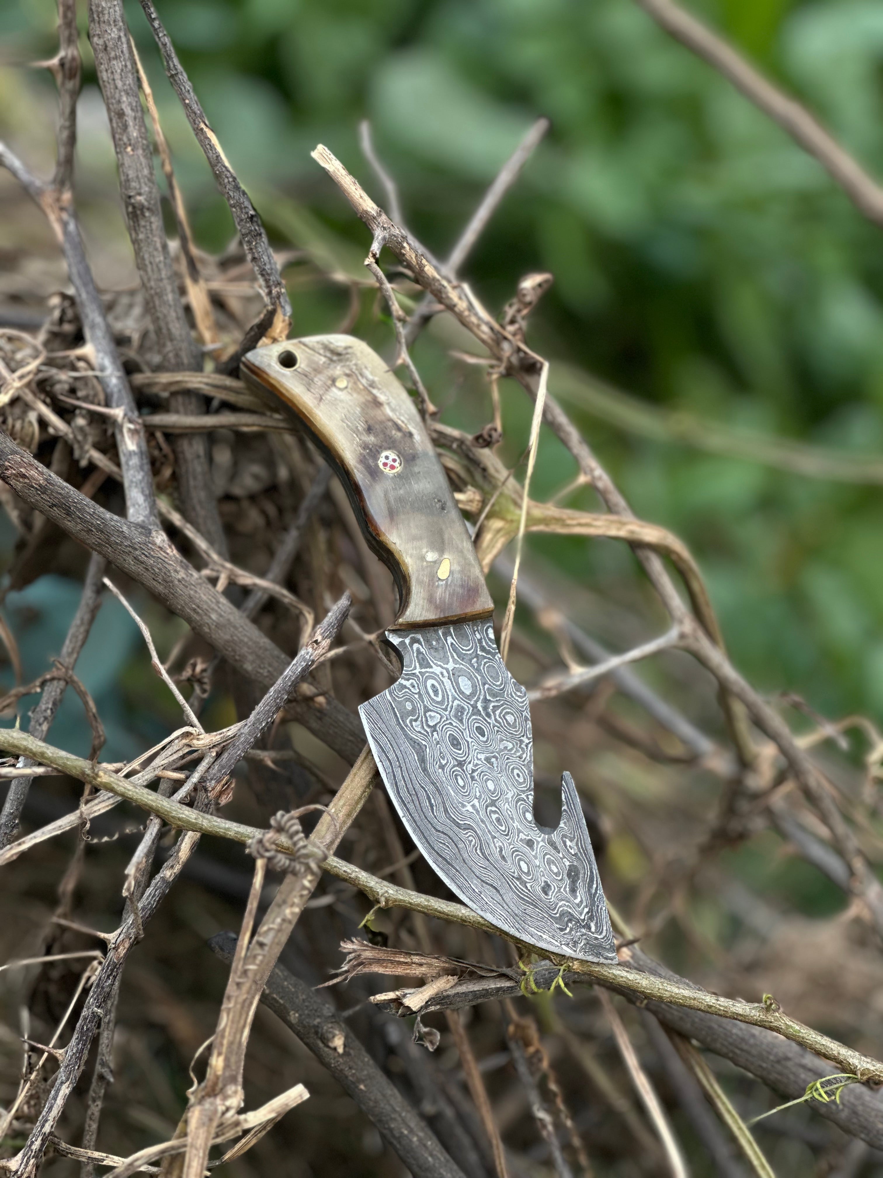Custom Handmade Damascus Steel Guthook Skinning Knife with Sheep Horn Handle - 7.5” with Leather Sheath