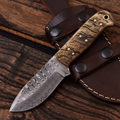 Custom Handmade Damascus Steel Skinning Knife – 4.5" Blade with Sheep Horn Handle