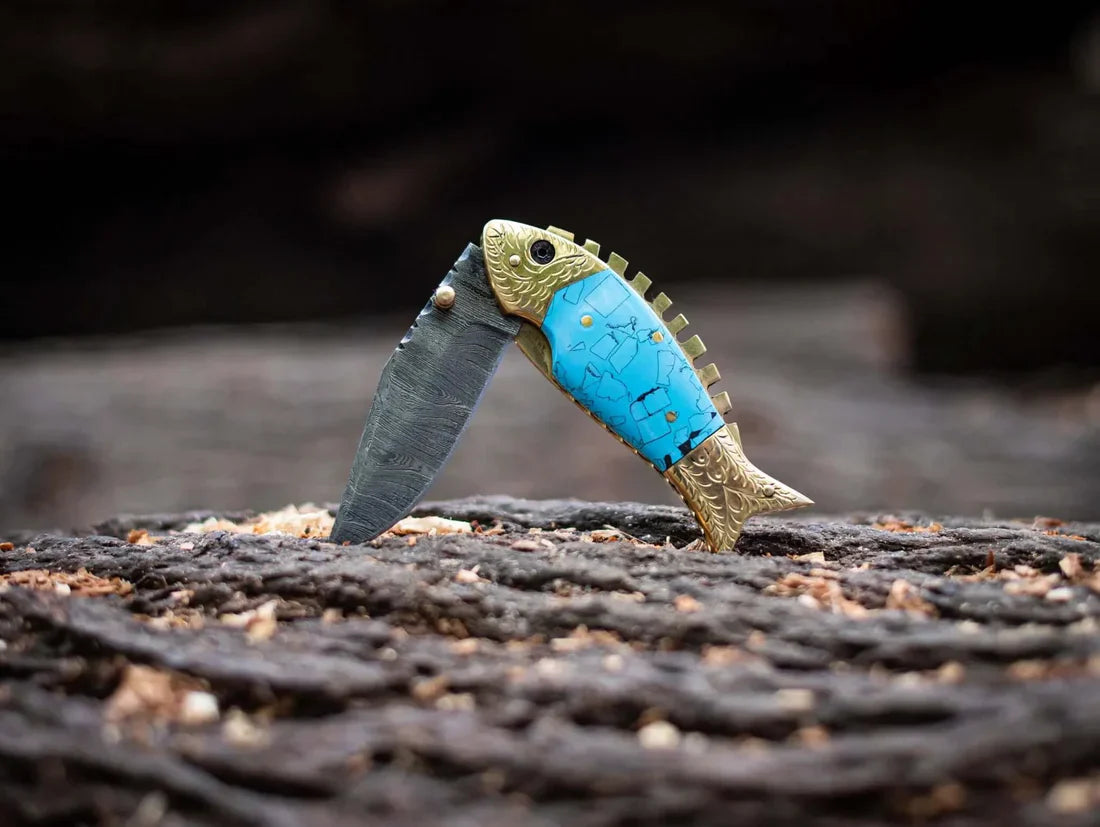 Custom Handmade Fish Style Damascus Steel Folding Knife with Epoxy Resin Handle & Brass Accents - Includes Leather Sheath
