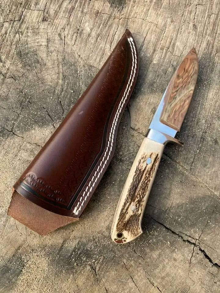 Custom Handmade Knife Belt with J2 Steel Blade and Stag Horn Handle - Leather Sheath Included