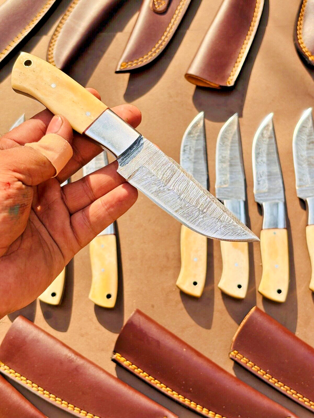 Custom Handmade Damascus Skinner Knife with Camel Bone Handle – Premium Hunting Gift