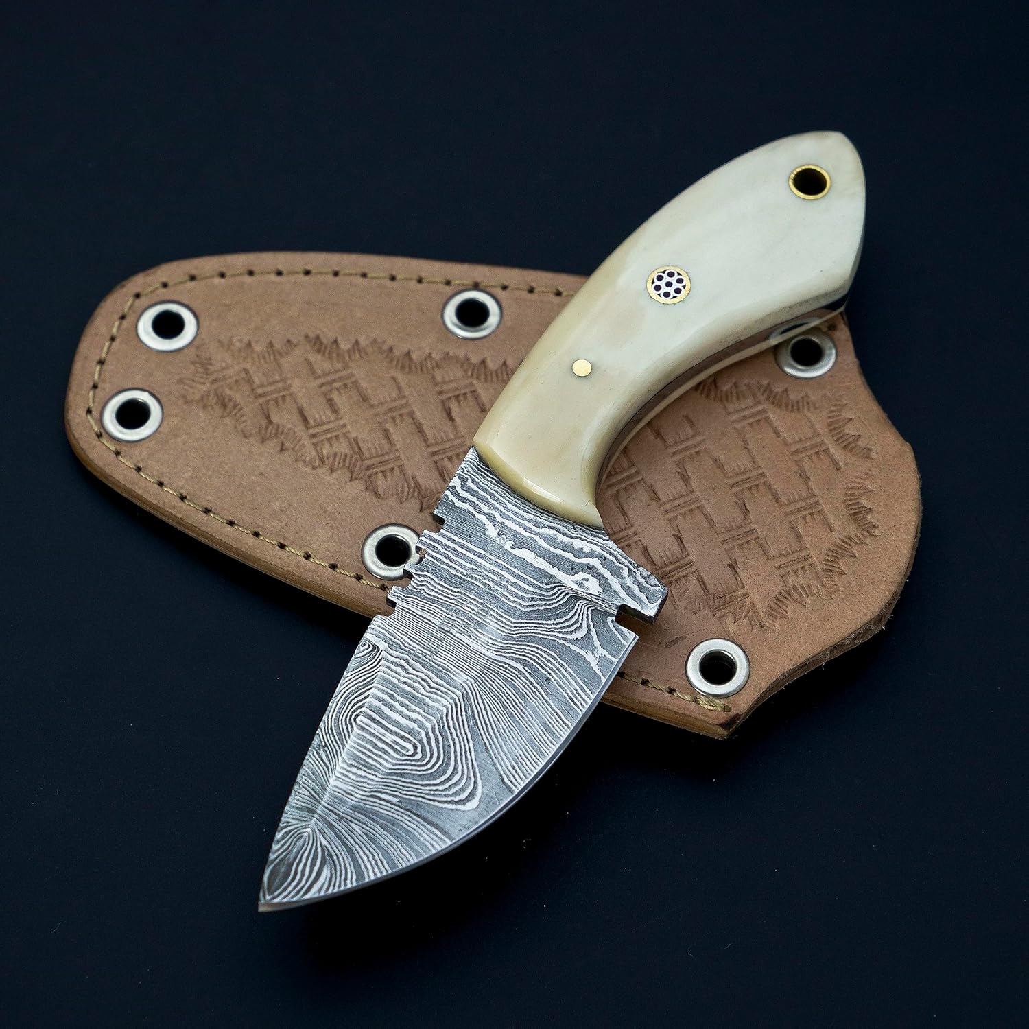 Custom Handmade Damascus Skinning Knife with Camel Bone Handle