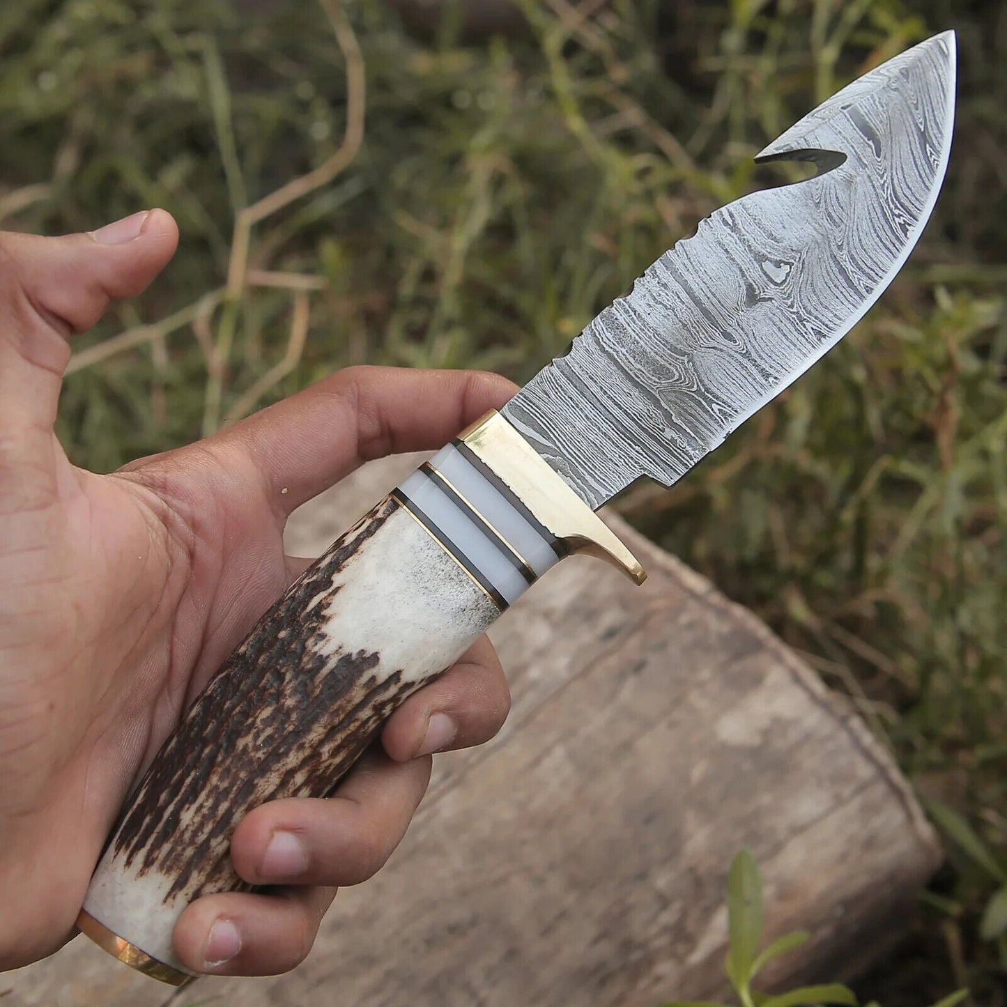 Custom Handmade Damascus Steel Guthook Skinning Knife – 9" Stag Horn Handle with Brass Guard & Leather Sheath