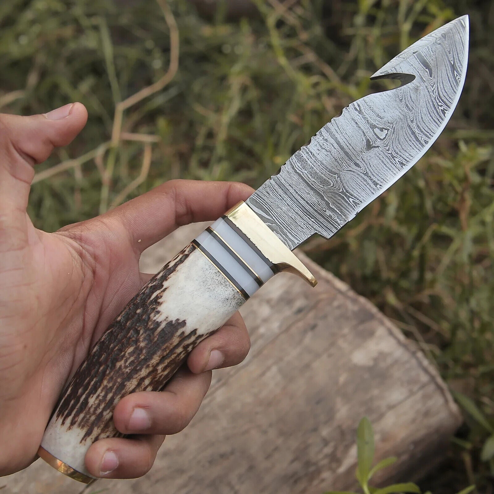 Custom Handmade Damascus Steel Guthook Skinning Knife – 9" Stag Horn Handle with Brass Guard & Leather Sheath