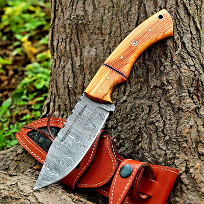 Custom Handmade 10" Damascus Steel Hunting Knife with Olive Wood Handle & Leather Sheath