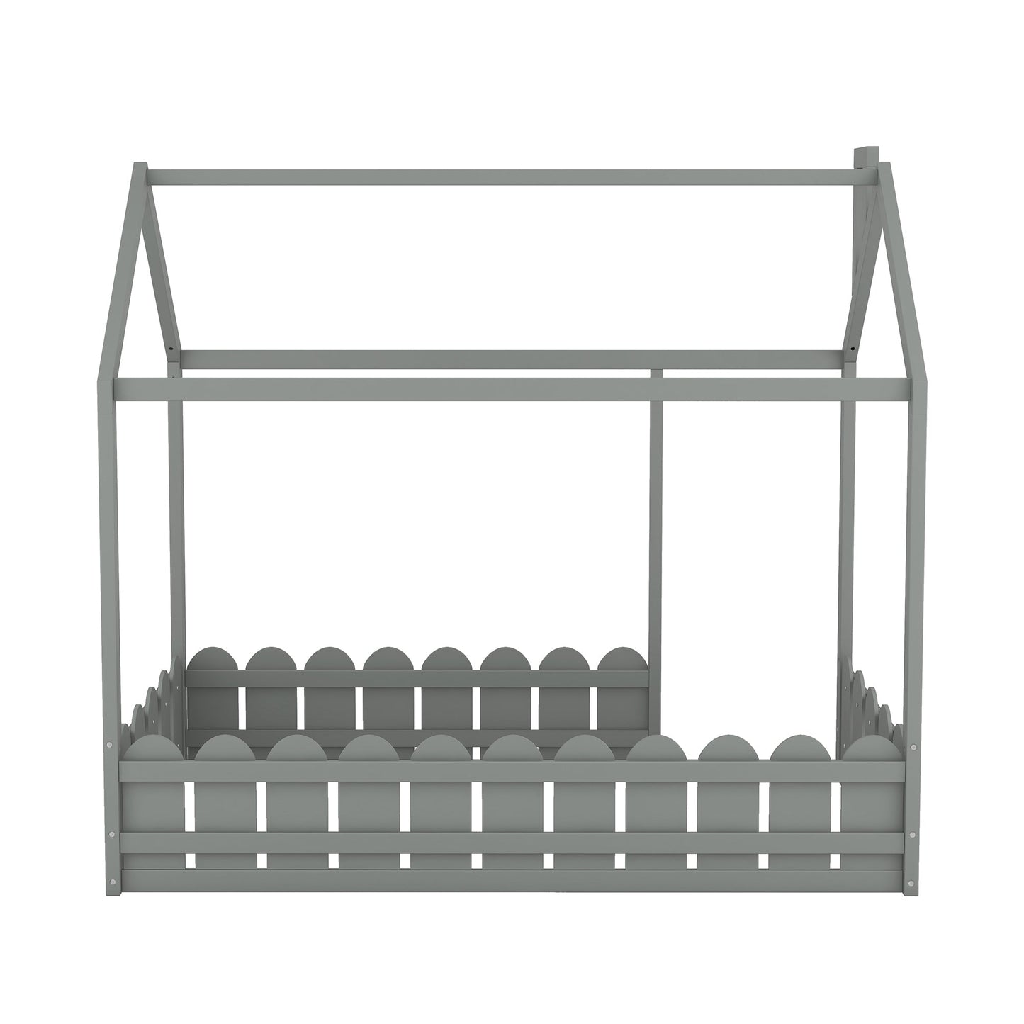{Slats are not included}Twin Size Wood Bed House Bed Frame with Fence for Kids Teens Girls Boys {Gray}