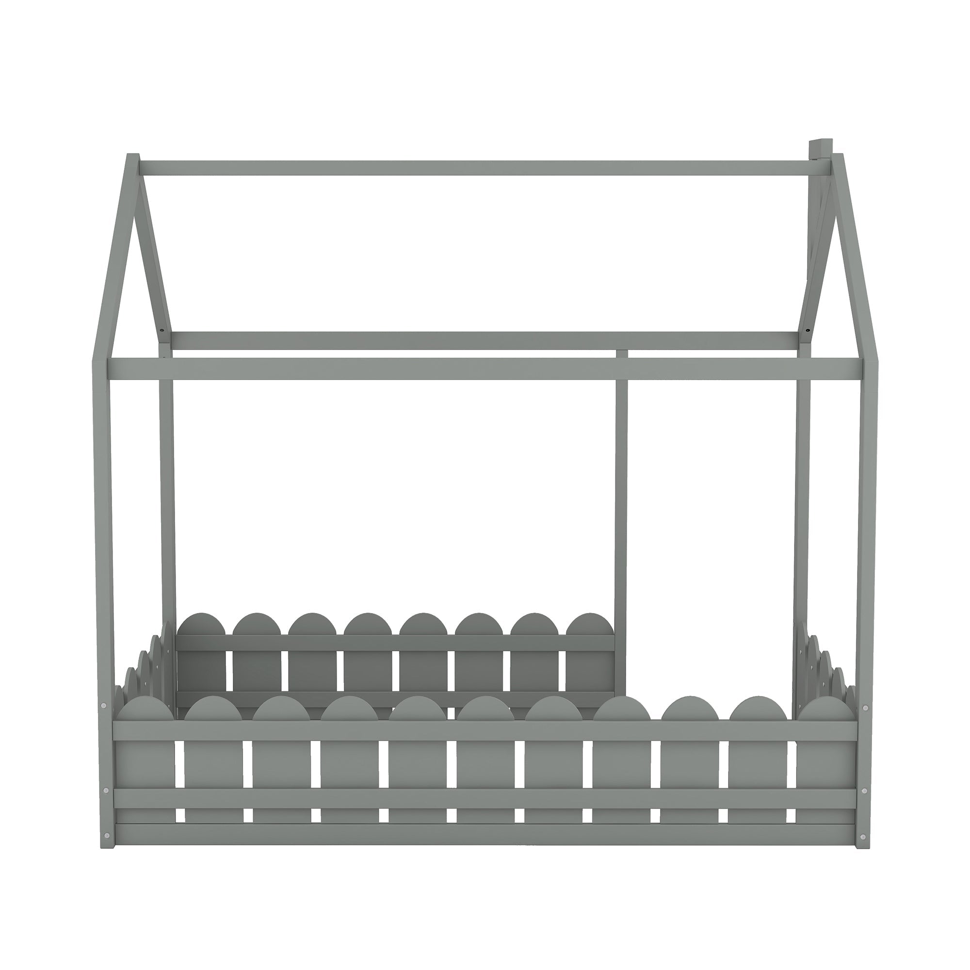 {Slats are not included}Twin Size Wood Bed House Bed Frame with Fence for Kids Teens Girls Boys {Gray}