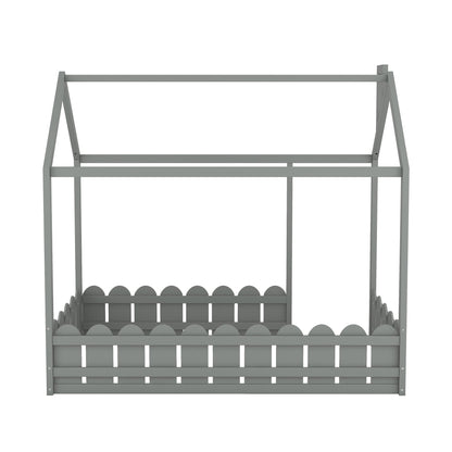{Slats are not included}Twin Size Wood Bed House Bed Frame with Fence for Kids Teens Girls Boys {Gray}