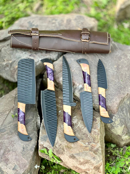 Best Knife Block Set – 13" Forged Stainless Steel Chef Knife with Olivewood & Epoxy Resin Handle + Leather Sheath