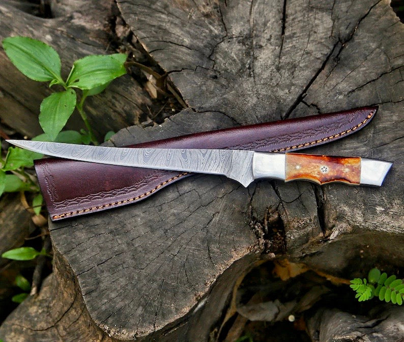 Custom Handmade Damascus Filleting Knife – 13" Camel Bone Handle with Leather Sheath