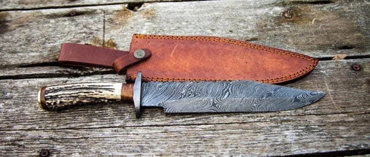 Damascus Steel 1800s Bowie Knife – 15" with Damascus Steel Guard & Stag Horn Handle, Includes Leather Sheath