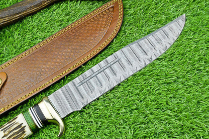Deluxe Dundee Knife – 16" Handmade Damascus Steel Blade with Brass Guard & Pakkawood or Stag Horn Handle + Leather Sheath