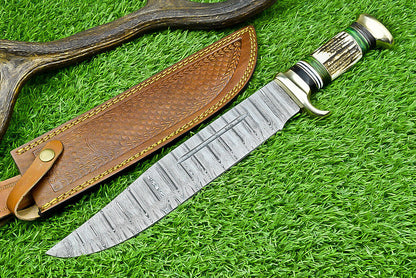Custom Handmade Damascus Steel Bowie Knife with Stag Horn Handle – 16" Blade with Leather Sheath
