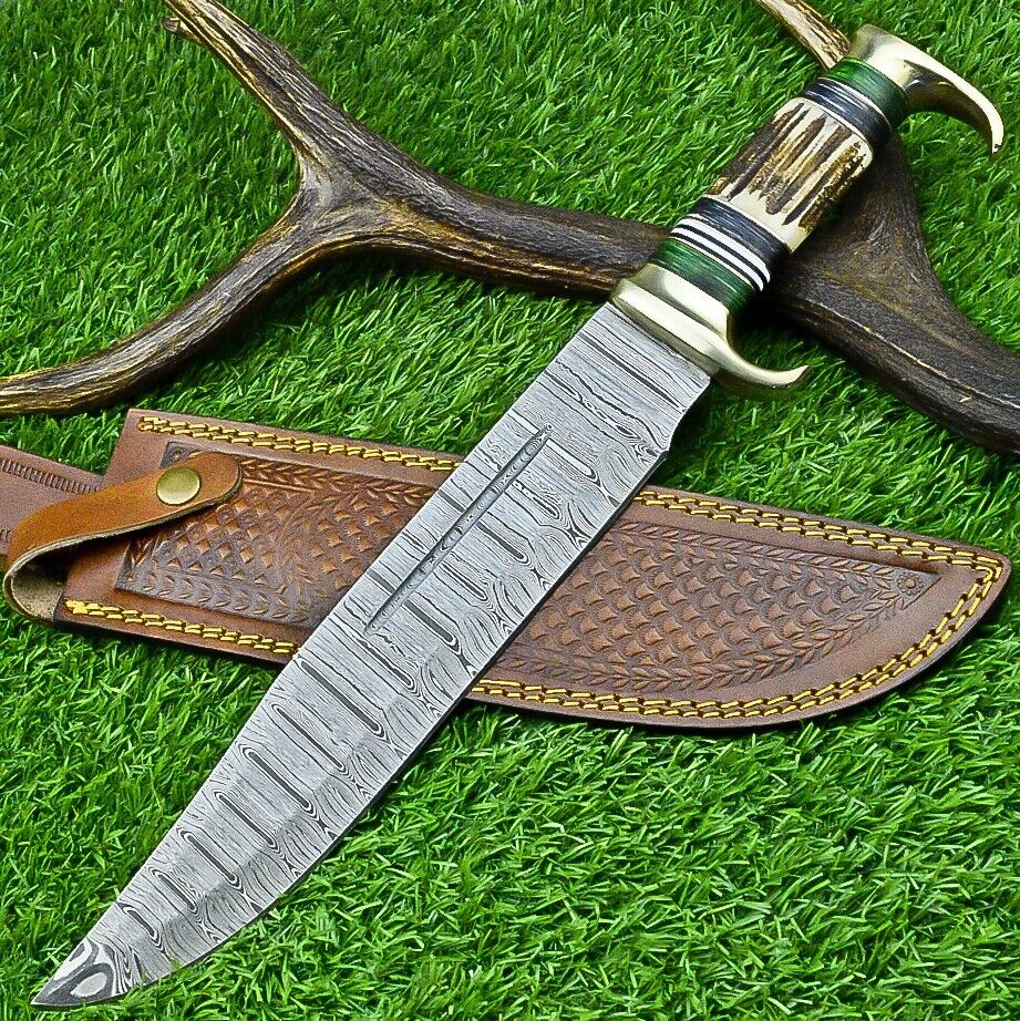 Custom Handmade Damascus Steel Bowie Knife with Stag Horn Handle – 16" Blade with Leather Sheath