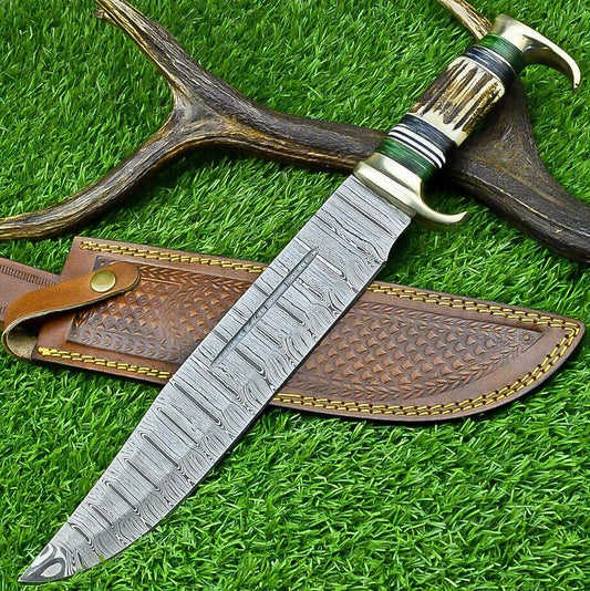 Custom Handmade Damascus Steel Bowie Knife with Stag Horn Handle – 16" Blade with Leather Sheath