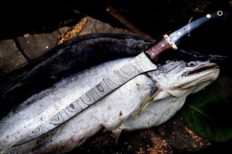 Handmade Damascus Fillet Knife 13” – Buffalo Horn, Rosewood & Brass Handle with Leather Sheath