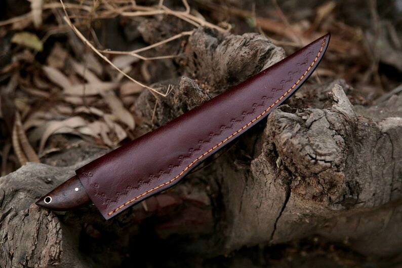 Damascus Fillet Knife – 13" Rosewood Handle & Leather Sheath