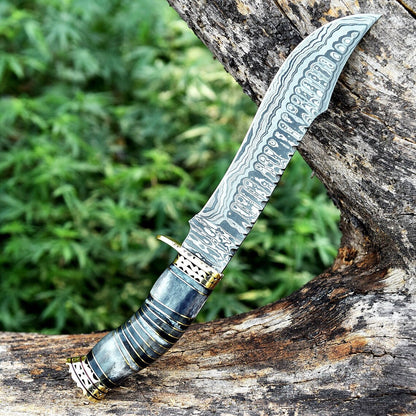 Vintage Damascus Steel Bowie Knife for Sale - 13" with Brass Guard and Camel Bone Handle