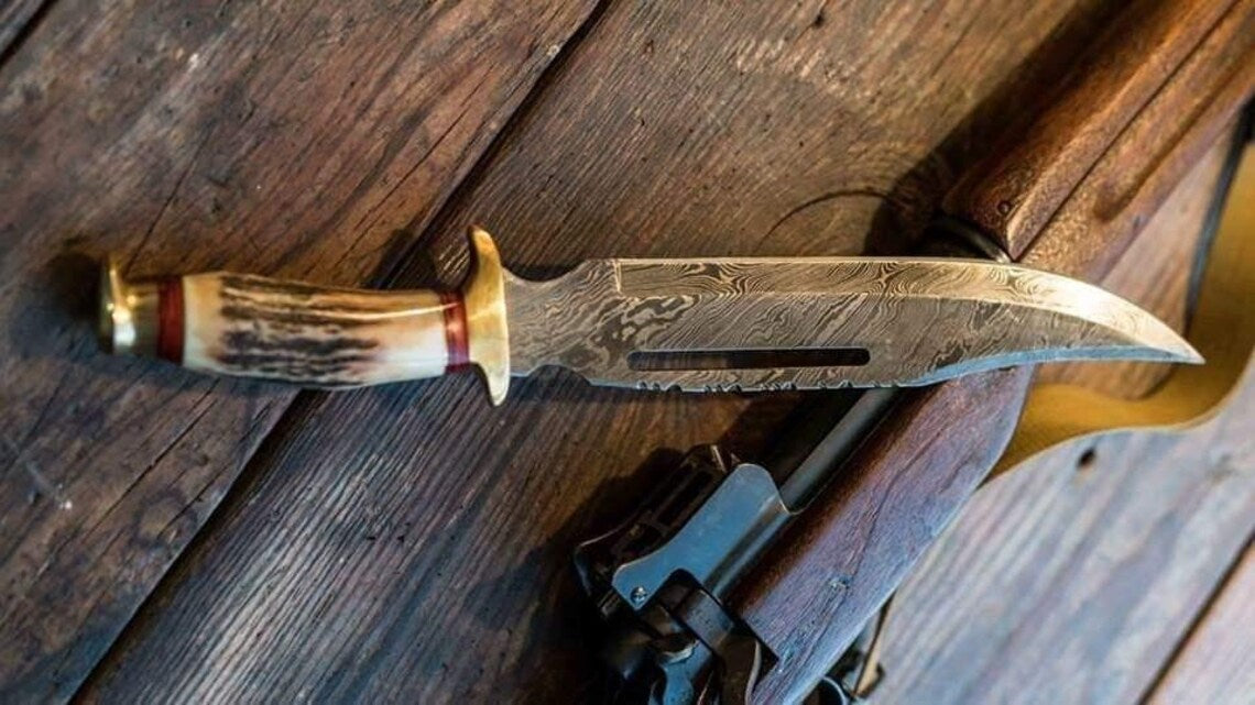 Damascus Steel Vintage Bowie Knife – 13" with Brass Guard & Stag Horn Handle, Comes with Leather Sheath