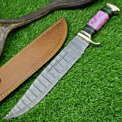 Damascus Steel "The Bowie Knife" - 16" Blade, Brass Guard, Resin Pakkawood Handle, with Leather Sheath